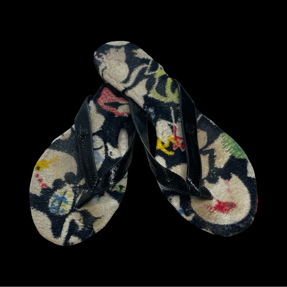 Chanel black patent flip flops with colorful Terry.